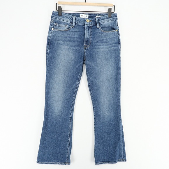 Frame Le Crop Mini Boot Jeans Womens 27 Blue Mid Rise Chewed Hem Stretch Denim - Picture 1 of 11